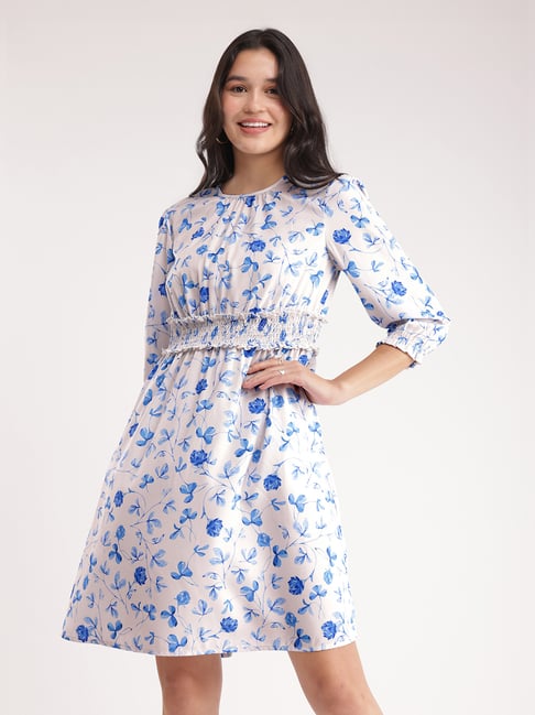 Buy Fablestreet Blue White Floral Print Fit Flare Dress for
