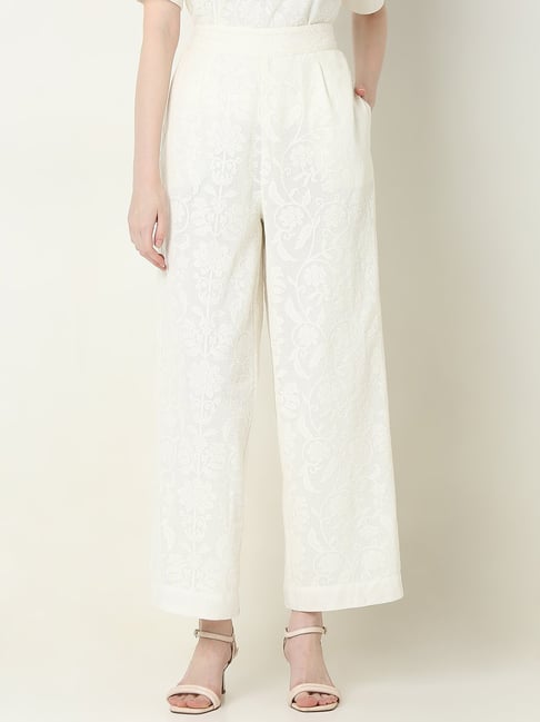Vero Moda White Cotton Self Design Pants-picture-45