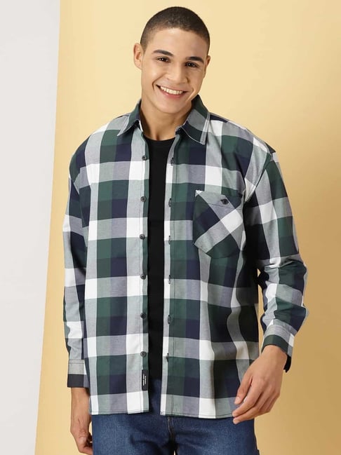 Thomas Scott Green Blue Loose Fit Check Shirt