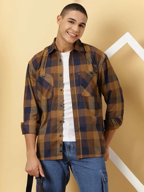 Thomas Scott Brown Loose Fit Check Shirt