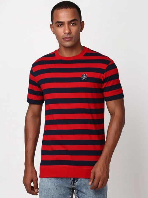 Peter England Red Cotton Regular Fit Striped T Shirt