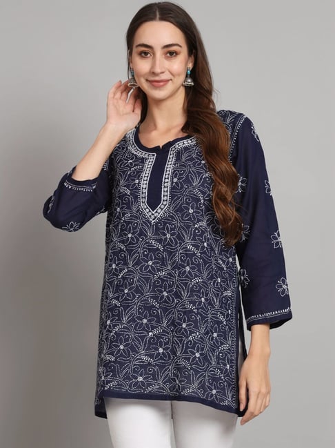 PARAMOUNT CHIKAN Navy Cotton Hand Embroidered Chikankari Straight Kurti-picture-15