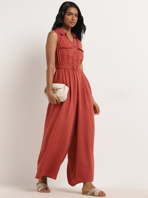 LOV by Westside Red Crinkle Textured Jumpsuit with Belt