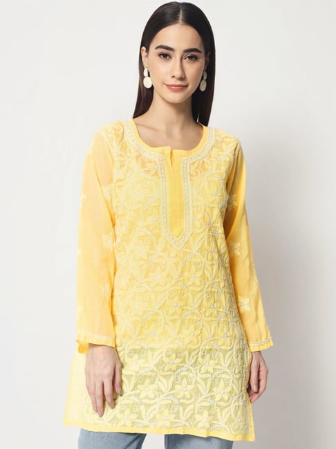 PARAMOUNT CHIKAN Pale Yellow Cotton Hand Embroidered Chikankari Straight Kurti-picture-23