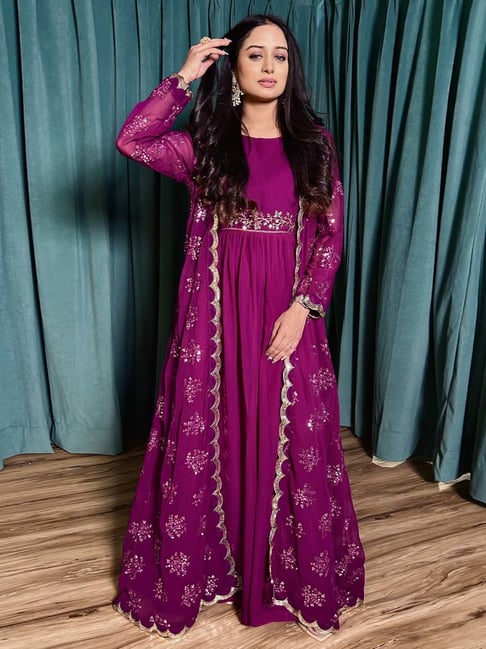 Odette Purple Embellished Maxi Dress With Shrug Dupatta