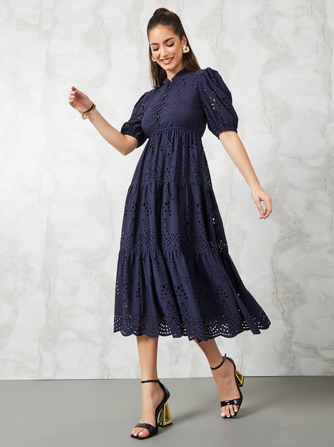 Styli Navy Self Design Midi Dress-image-13