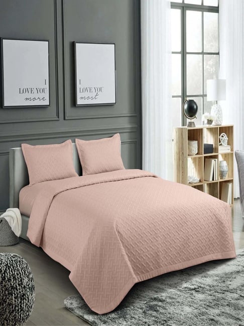 Hosta Homes Peach 280 TC Polycotton Quilted Queen Bedsheet with 2 Pillow Covers-picture-39