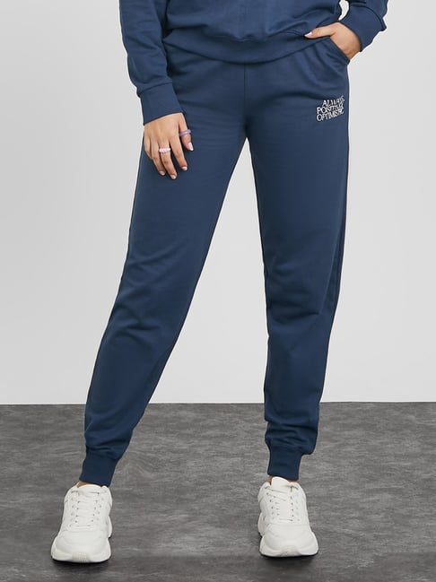 Styli Navy Cotton Graphic Print High Rise Joggers-image-14