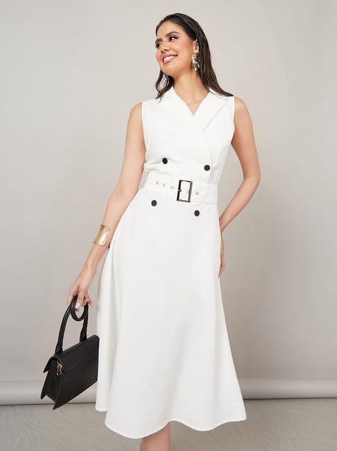Styli White Regular Fit Midi Dress With Belt