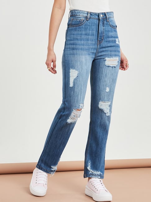 Styli Blue Cotton Distressed High Rise Jeans