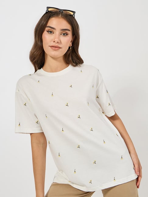 Styli Off White Cotton Embroidered Oversized T-Shirt