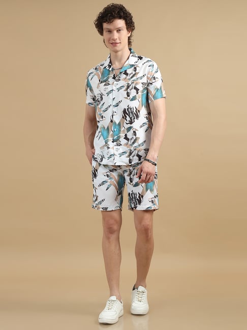 Bushirt White Regular Fit Printed Shirt & Shorts Set