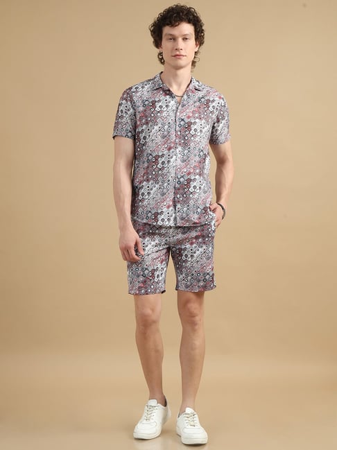 Bushirt Grey Regular Fit Printed Shirt & Shorts Set