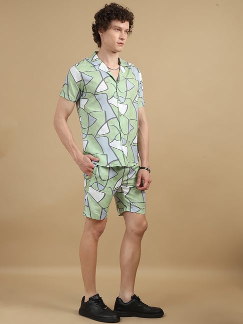 Bushirt Mint Green Regular Fit Printed Shirt & Shorts Set