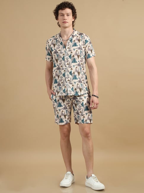 Bushirt Cream Regular Fit Printed Shirt & Shorts Set