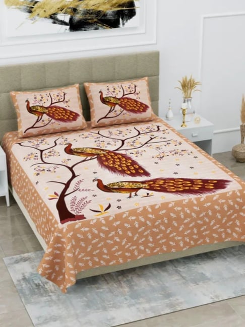 Living Roots Abstract Beige 240 TC Cotton Bedsheet with 2 Pillow Covers