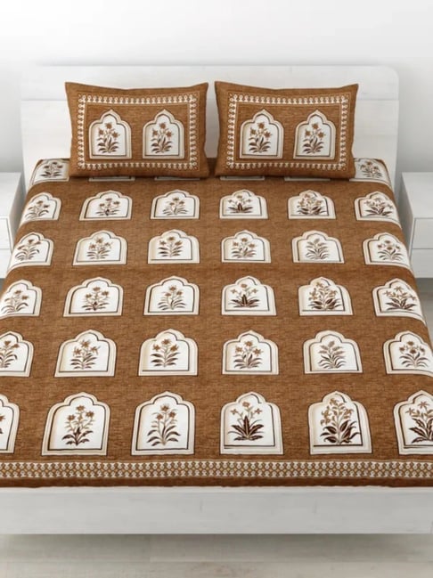 Living Roots Floral Beige 240 TC Cotton Bedsheet with 2 Pillow Covers-picture-48