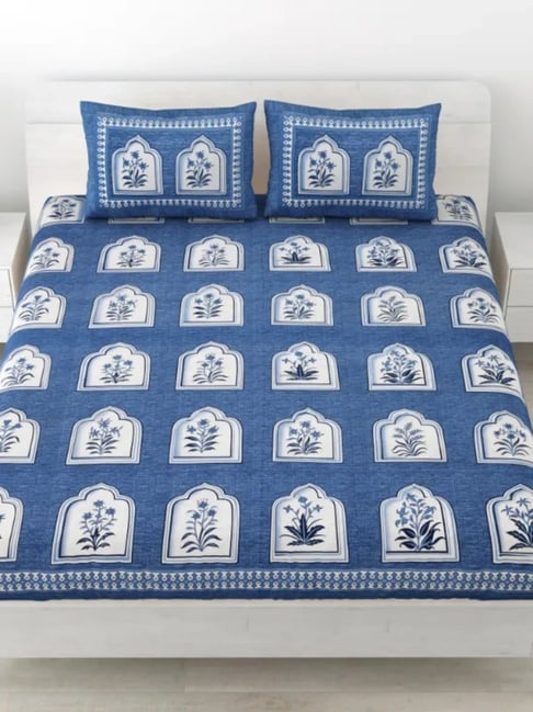 Living Roots Floral Blue 240 TC Cotton Bedsheet with 2 Pillow Covers