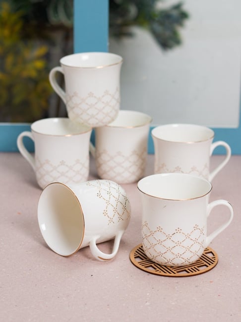 JCPL Printed White Ceramic Tea Cups- Set of (200 ml each)
