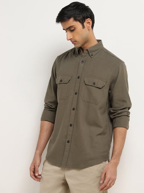 WES Casuals by Westside Olive Solid Relaxed-Fit Shirt