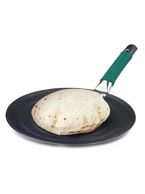 The Indus Valley Pure Black Iron Flat Tawa with Silicone Grip 26 cm