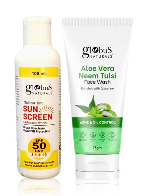 Globus Naturals Moisturizing Sunscreen SPF 50+++ & Aloe Vera Neem Tulsi  Face Wash Combo