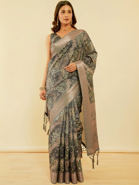 Soch Grey Printed Saree With Unstitched Blouse-picture-21