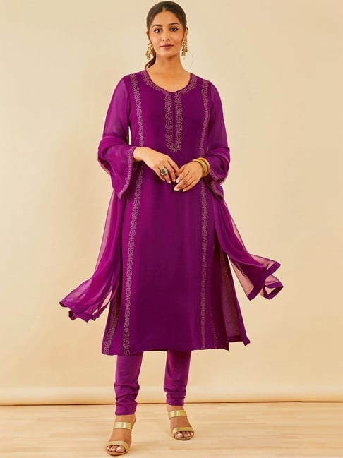 Soch Purple Embellished Kurta Churidar Set With Dupatta