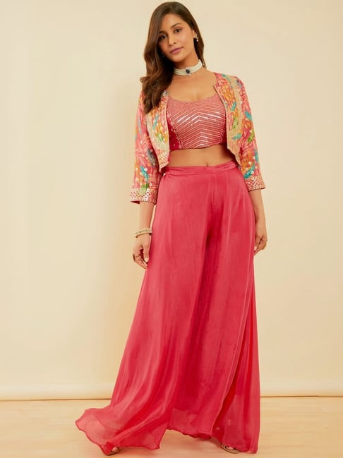 Soch Pink Embellished Crop Top Palazzo Set with Jacket