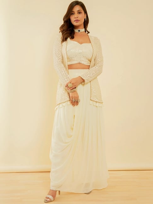 Soch White Embroidered Crop Top Skirt Set with Jacket