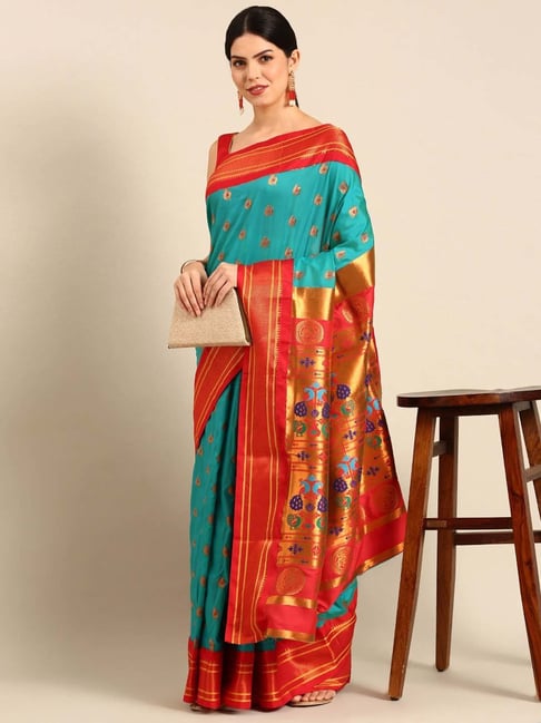 Varkala Silk Sarees Turquoise & Red Woven Saree With Unstitched Blouse-picture-15