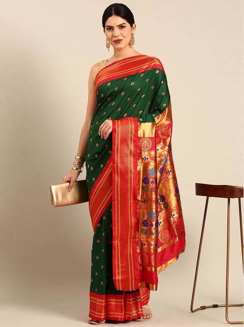 Varkala Silk Sarees Bottle Green & Red Woven Saree With Unstitched Blouse-picture-31