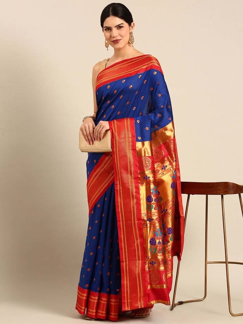 Varkala Silk Sarees Royal Blue & Red Woven Saree With Unstitched Blouse-picture-42