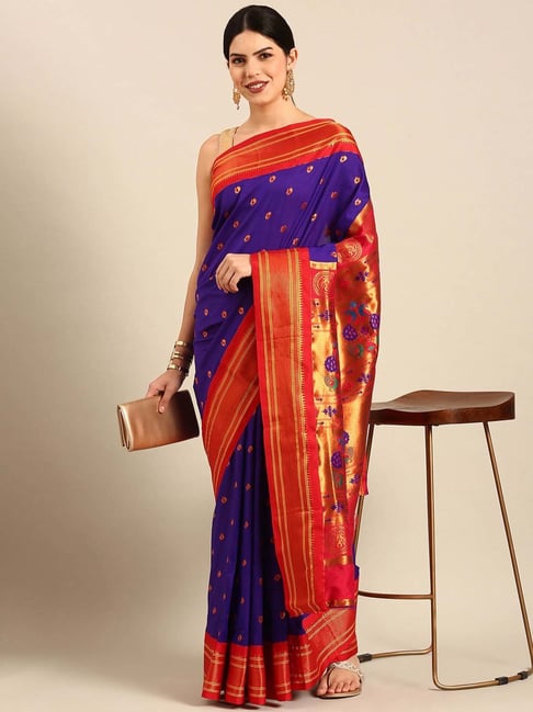 Varkala Silk Sarees Blue & Red Woven Saree With Unstitched Blouse-picture-28
