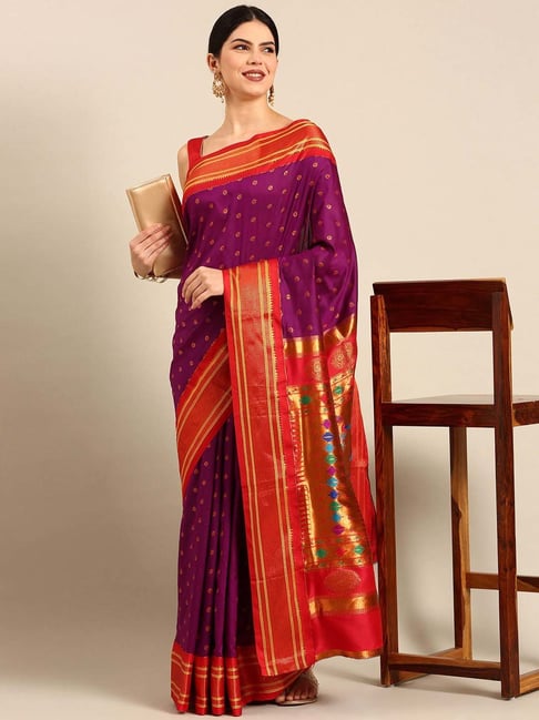 Varkala Silk Sarees Purple & Red Woven Saree With Unstitched Blouse-picture-19