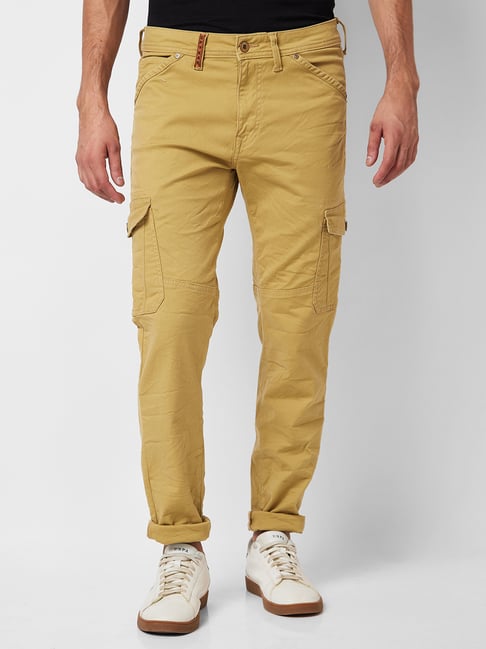 Spykar Khaki Regular Fit Lightly Washed Cargo Jeans-picture-34