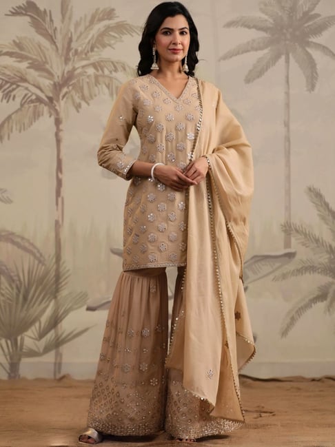 Scakhi Beige Mulmul Mirror Embroidered Kurta with Sharara and Dupatta