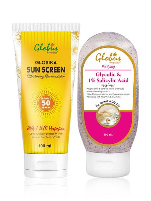 globus naturals Globus Remedies Glosika Moisturizing Sunscreen SPF 50+++ & Glycolic & 1% Salicylic Acid Face Wash Combo-picture-27