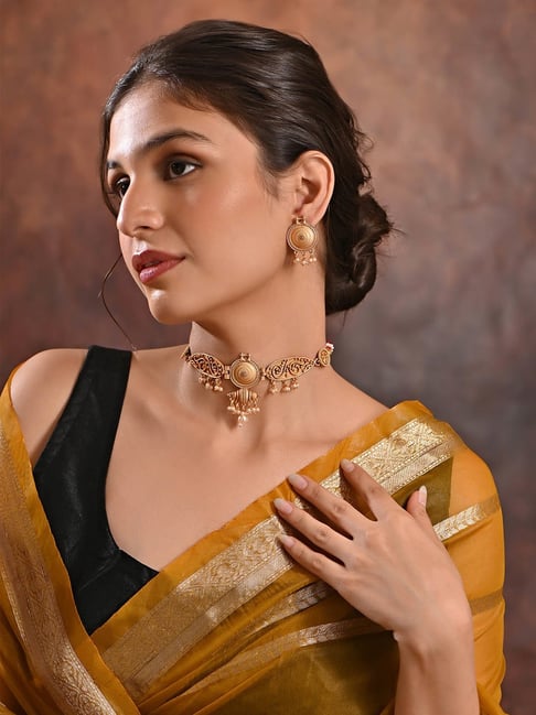 Buy Fida Ethnic Pearl Choker Necklace with Earrings Set Online At