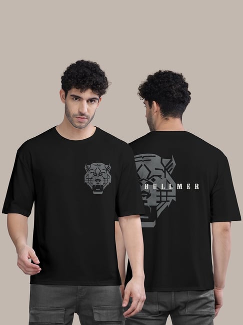 BULLMER Black Loose Fit Printed Oversized T-Shirt