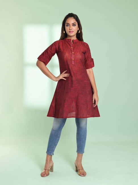 CHARUKRITI Maroon Cotton Woven Pattern A Line Kurti-picture-21