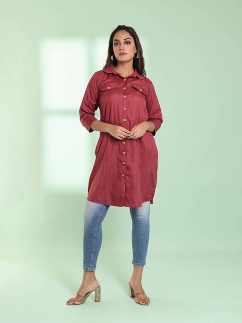 CHARUKRITI Maroon Chequered A Line Kurti-picture-31