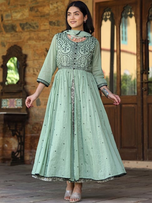 Juniper Green Cotton Embroidered Maxi Dress With Jacket Dupatta