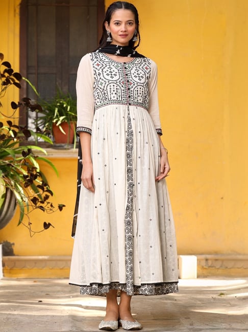 Juniper White Cotton Embroidered Maxi Dress With Jacket Dupatta