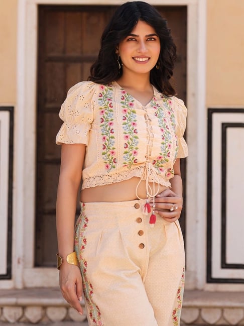 Juniper Peach Cotton Embroidered Crop Top Palazzo Set