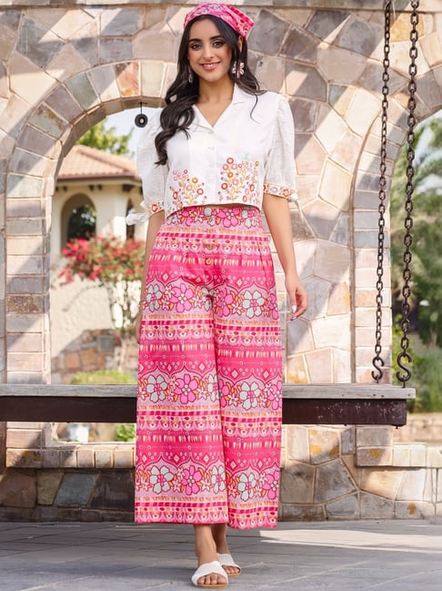Juniper White Pink Embroidered Crop Top Palazzo Set