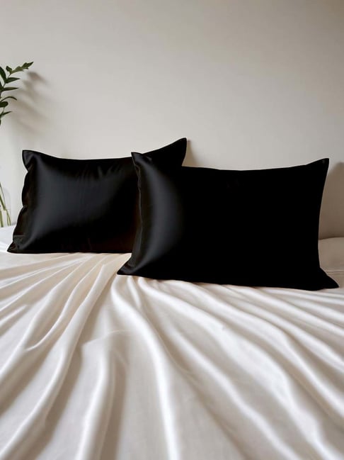 Layers Mystic Black 85 GSM Micro Satin Silk Pillow Covers - Set of 2-image-4