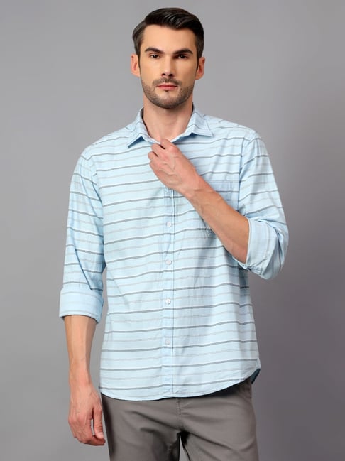 Cantabil Sky Blue Cotton Regular Fit Striped Shirt-picture-21