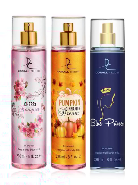 Dorall Collection Cherry Bouquet, Pumpkin Cinnamon Dream & Blue Princess Body Mist - Pack of 3