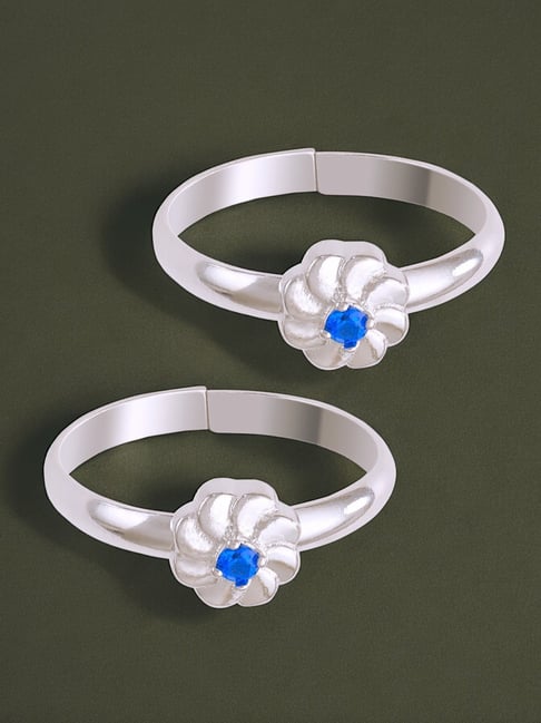 Taraash Adjustable 925 Sterling Silver Floral Toe-Rings with Blue CZ for Women-picture-41